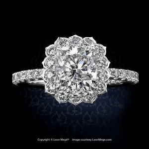 Leon Megé exclusive Lotus™ halo engagement ring with a cushion diamond and micro pave r7268