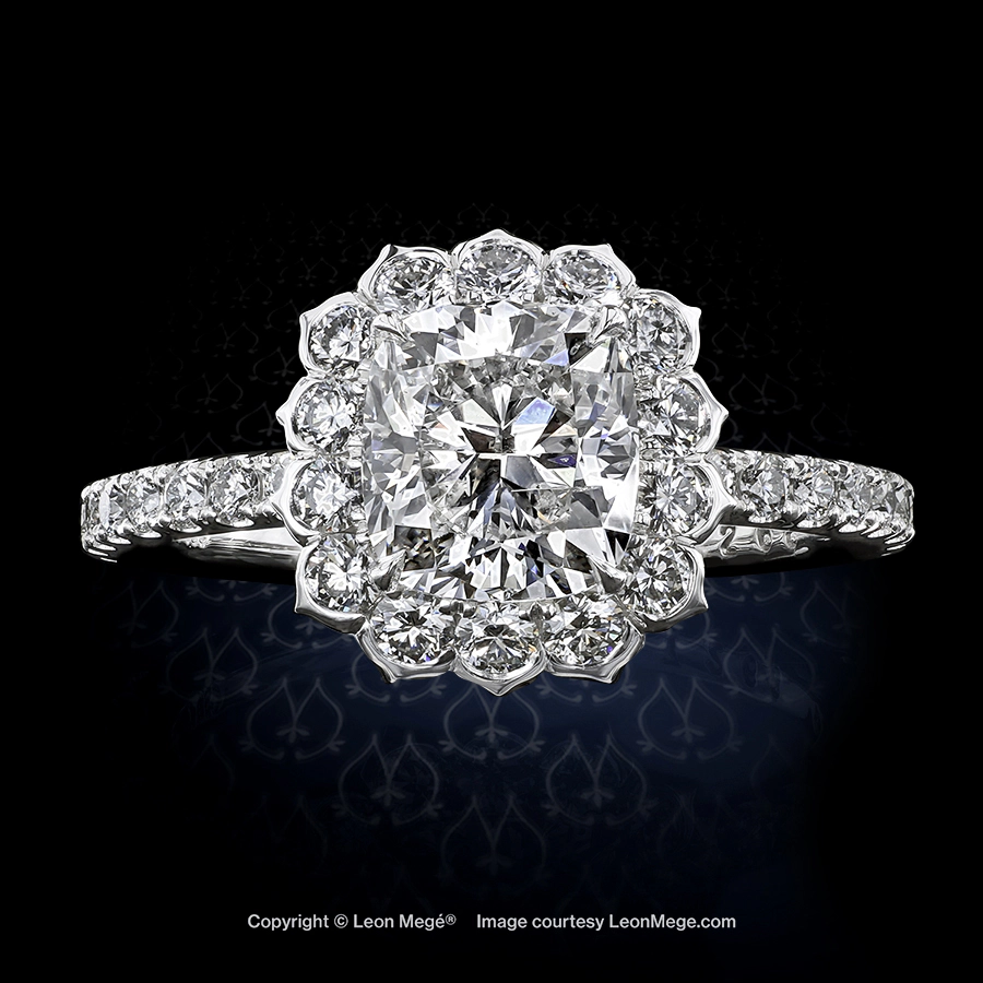 Leon Megé exclusive Lotus™ halo engagement ring with a cushion diamond and micro pave r7268