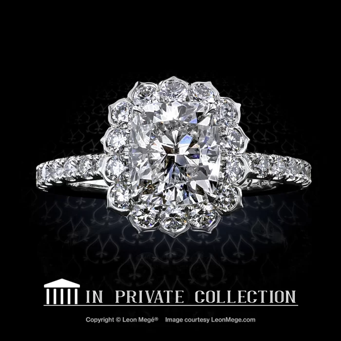 Leon Megé exclusive Lotus™ halo engagement ring with a cushion diamond and micro pave r7268