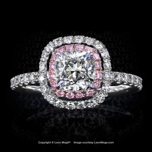 Leon Megé double halo cushion diamond ring with natural pink and white diamond micro pave r7274