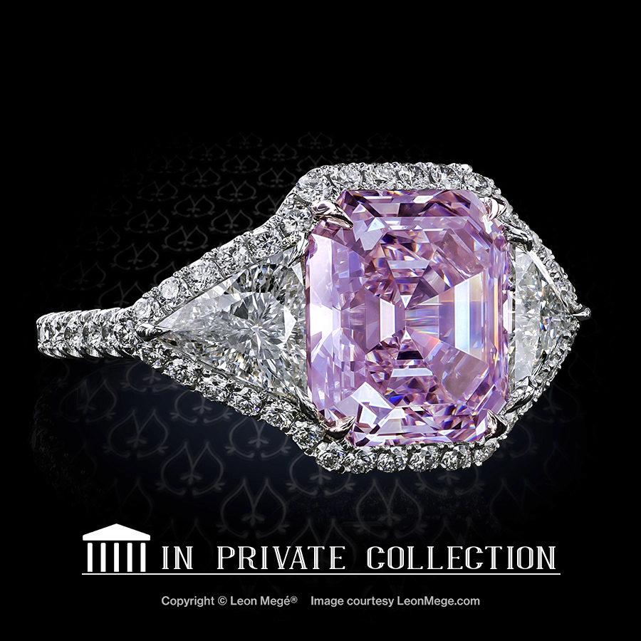 Montpassier™ three-stone ring, featuring 5.32 carat emerald cut fancy pink diamond set by Leon Mege.
