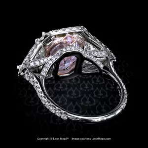 Montpassier™ three-stone ring, featuring 5.32 carat emerald cut fancy pink diamond set by Leon Mege.