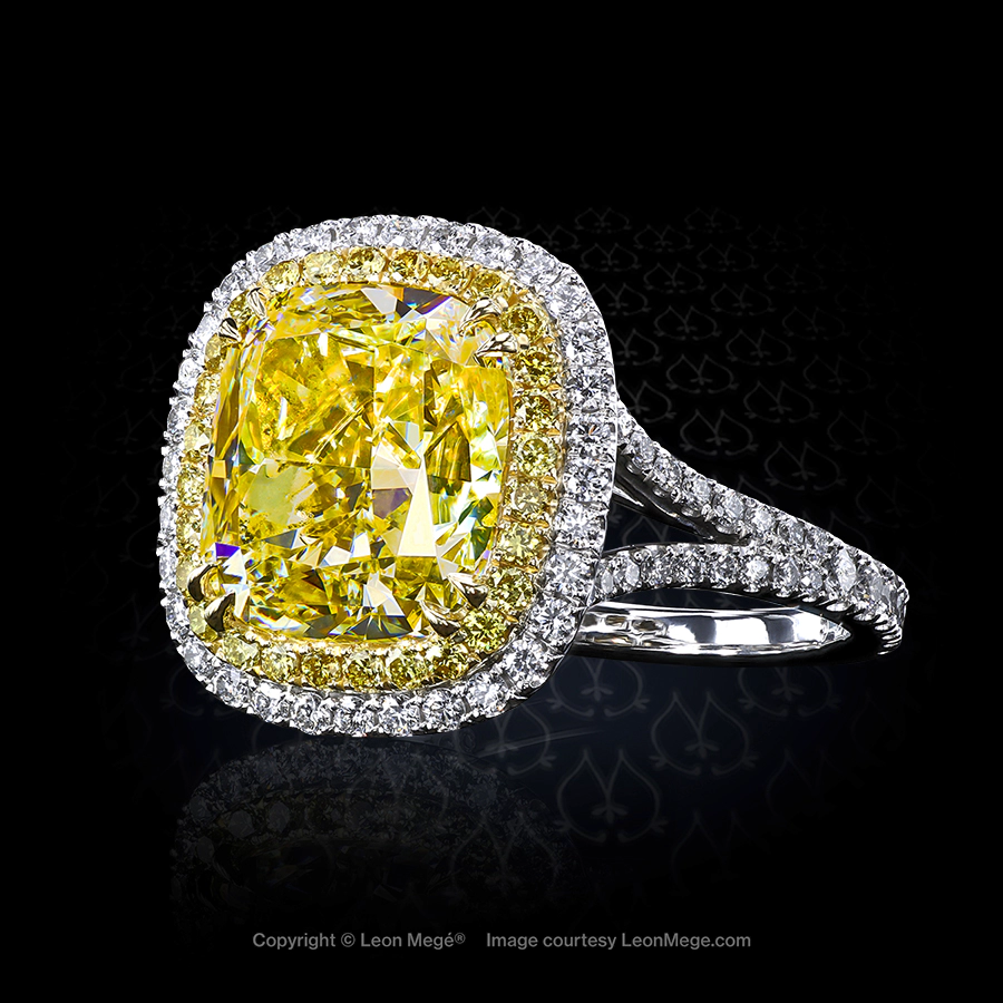 Split shank double halo ring featuring a fancy yellow diamond r7284 by Leon Mege.