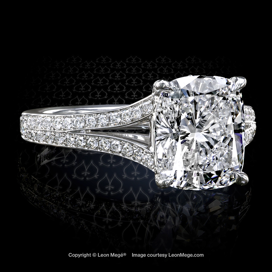 Leon Megé split shank solitaire with bright-cut pavé centering a gorgeous cushion diamond r7321