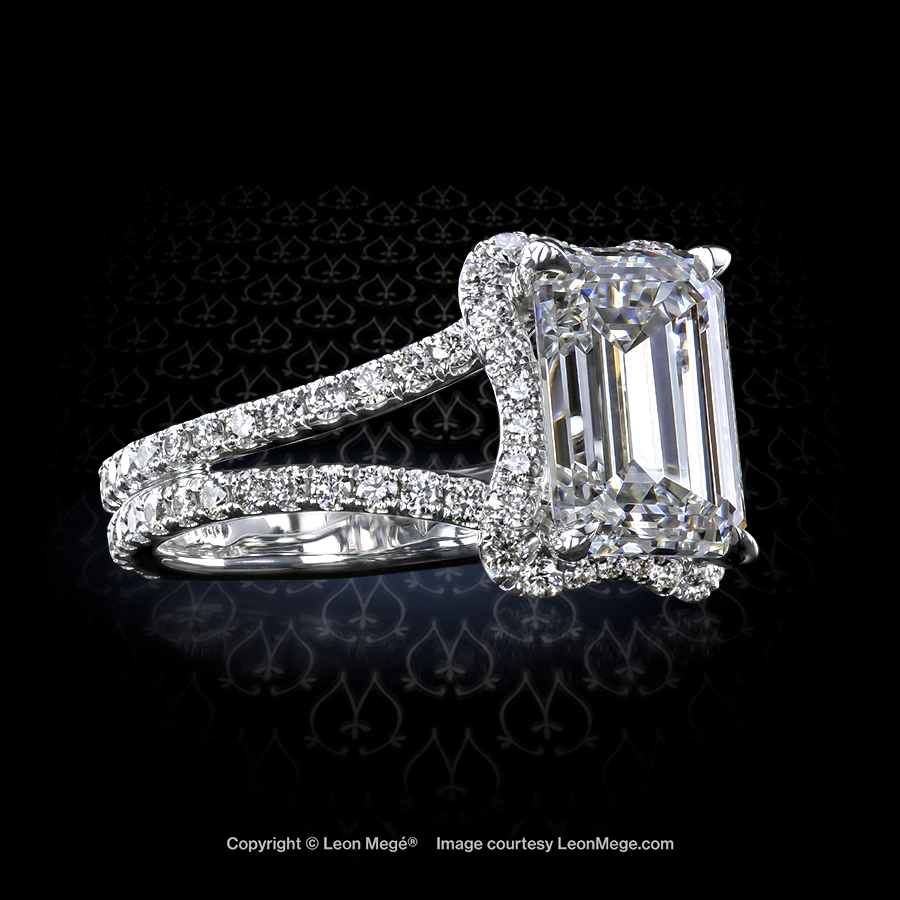 Leon Megé exclusive Gina™ engagement ring with an emerald-cut diamond embraced by micro-pave r7382