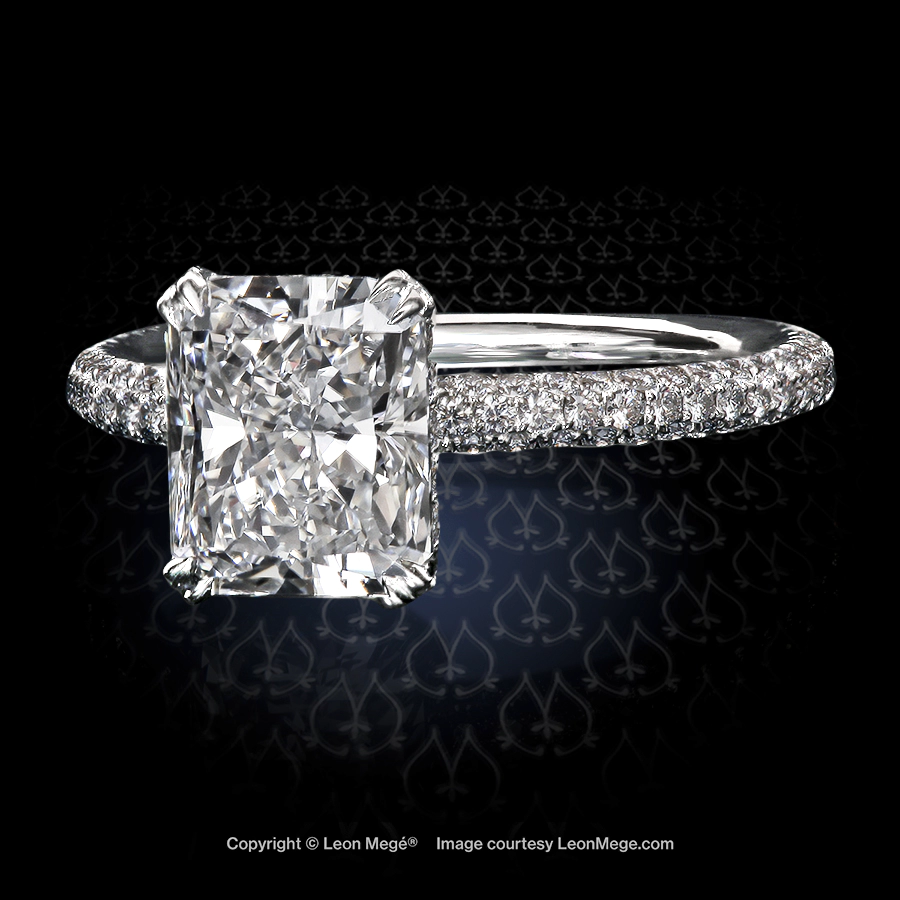 Leon Mege hand-forged 413™ solitaire with a radiant cut diamond and wrap-around micro pave r936
