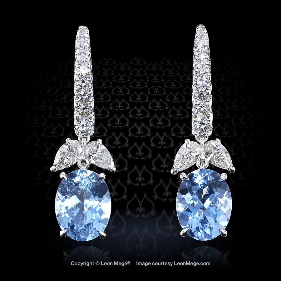 Leon Megé one-of-a-kind handmade ear drops with oval aquamarines and diamonds on a French wire e7304