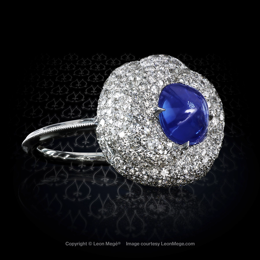 Leon Megé exclusive "Royal Turban" micro pave ring with a natural sugarloaf Kashmir sapphire r7363