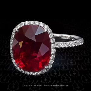 Leon Mege cushion Burmese ruby cradled in diamond micro-pavé on the halo and the uniform shank r5477