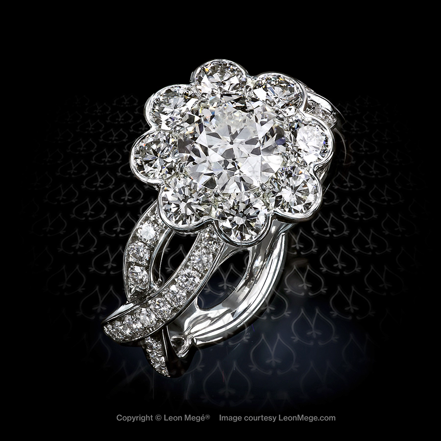 Leon Megé "Fiore" scalloped cluster ring with an Old European Cut diamond in platinum r7385