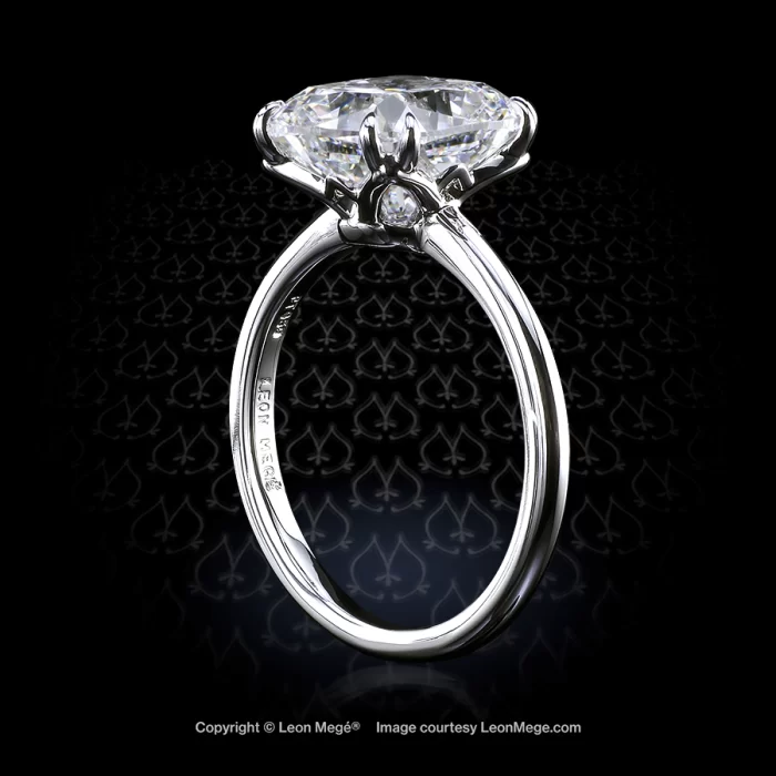 Custom made solitaire featuring 3.56 ct cushion diamond in platinum setting r7397 by Leon Megé