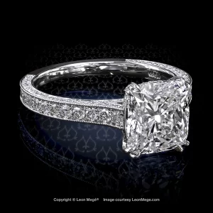 Leon Megé 313™ engagement ring with a cushion diamond in bright-cut pave with millgrain r7407