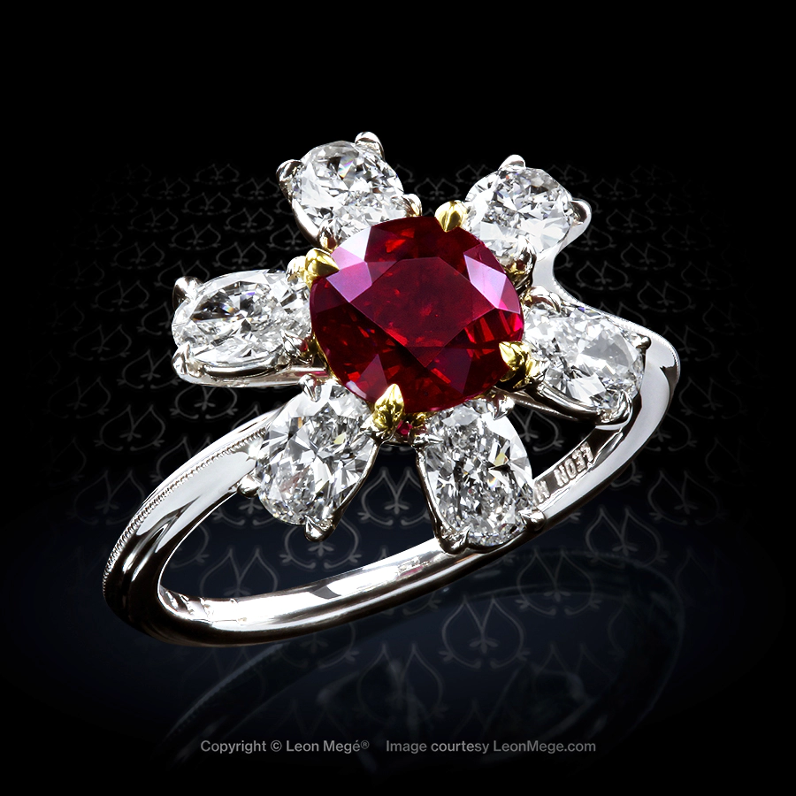 Leon Mege one-of-a-kind bespoke Florette-style statement ring with Pigeon-blood Burmese ruby r7438