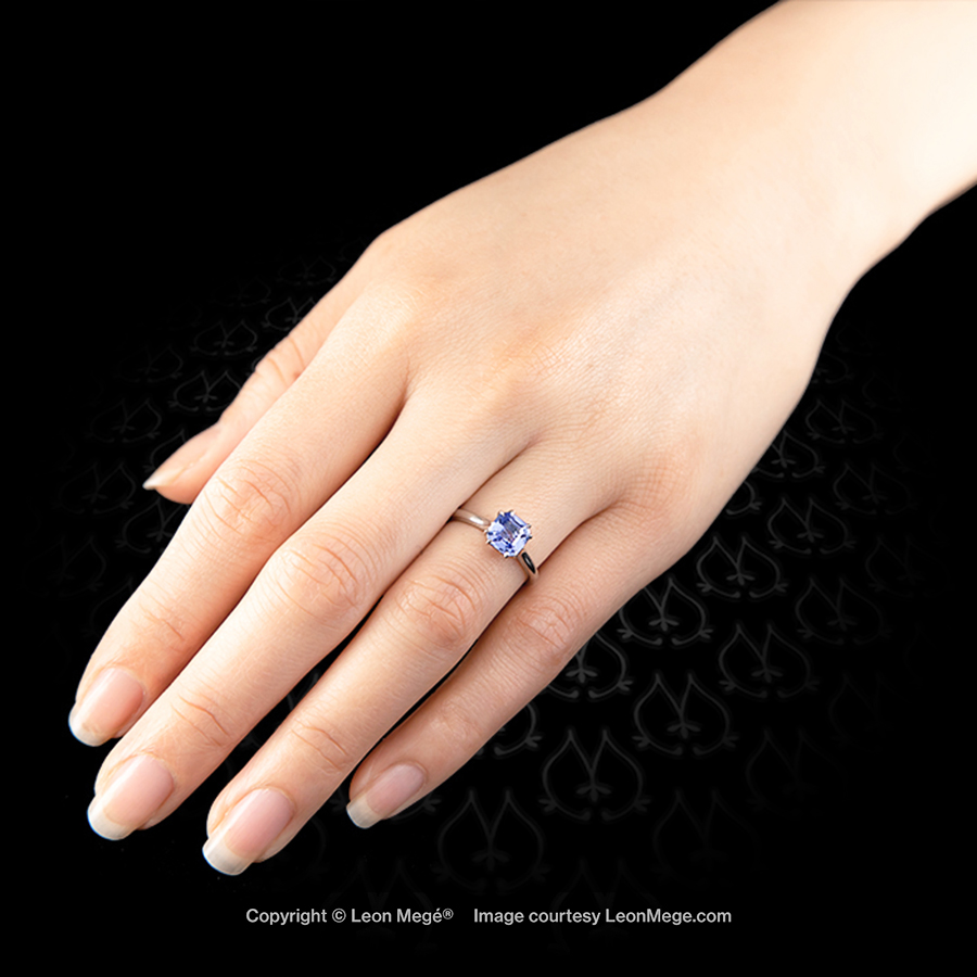 Leon Megé platinum cathedral solitaire with a natural Asscher cut sapphire in claw prongs r7419