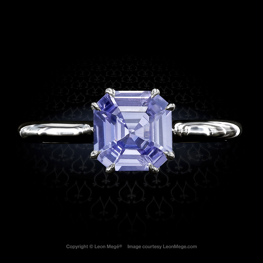 Leon Megé platinum cathedral solitaire with a natural Asscher cut sapphire in claw prongs r7419