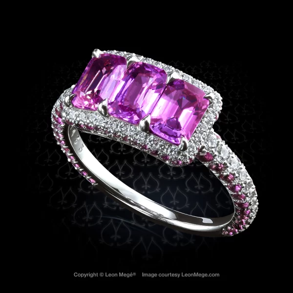 Montpassier three-stone ring with natural pink sapphires by Leon Mege.