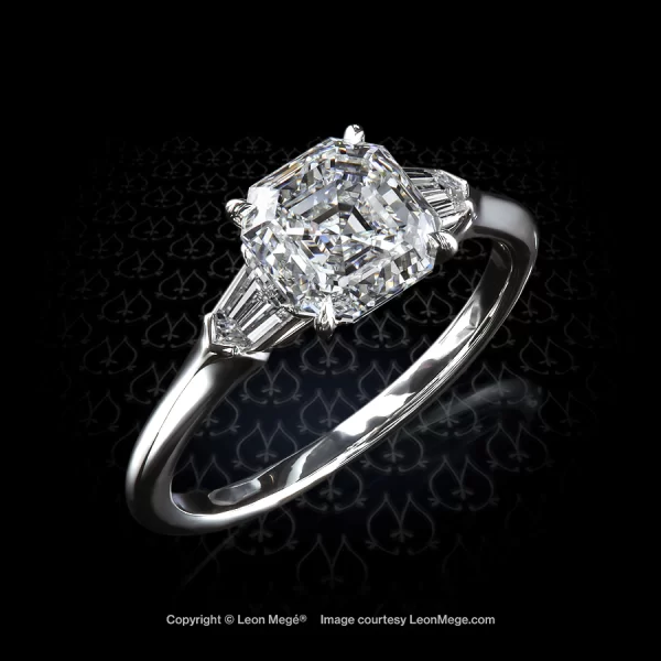Leon Megé bespoke hand-forged three-stone ring with a regal antique Asscher cut diamond and diamond bullets r7512