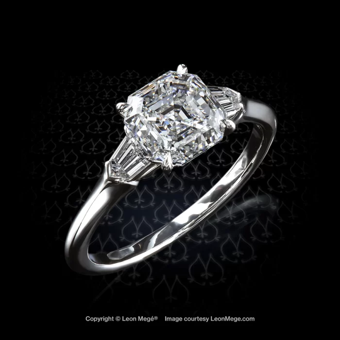 Three-stone ring with antique royal regal asscher cut diamond and diamond bullets in platinum by Leon Mege