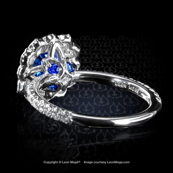 Leon Megé exclusive "Lotus" ring with a "Montana-blue" Asscher-cut sapphire in a diamond halo r7381