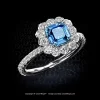 Leon Megé exclusive "Lotus" ring with a "Montana-blue" Asscher-cut sapphire in a diamond halo r7381