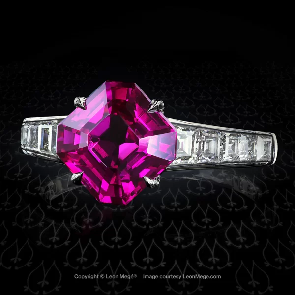 Pink sapphire statement ring with carré cut diamonds by Leon Mege.