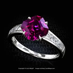 Pink sapphire statement ring with carré cut diamonds by Leon Mege.