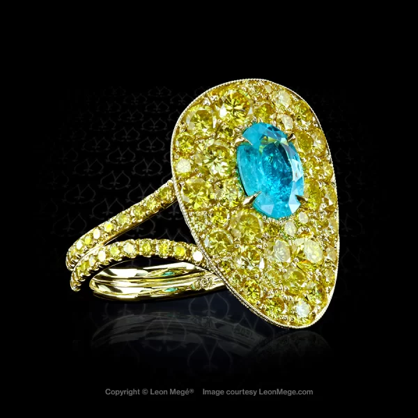 Leon Megé immensely rare Brazilian Paraiba tourmaline in a bespoke right-hand ring with natural fancy yellow diamonds r7504