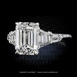 Leon Mege five-stone engagement ring featuring a stunning emerald cut diamond flanked by a combination of trapezoids and tapered bullets r7526