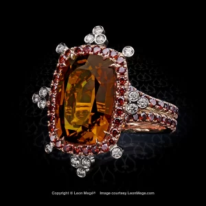 Honey Tourmaline in a pink gold ring with white and red diamonds micro pave by Leon Mege.