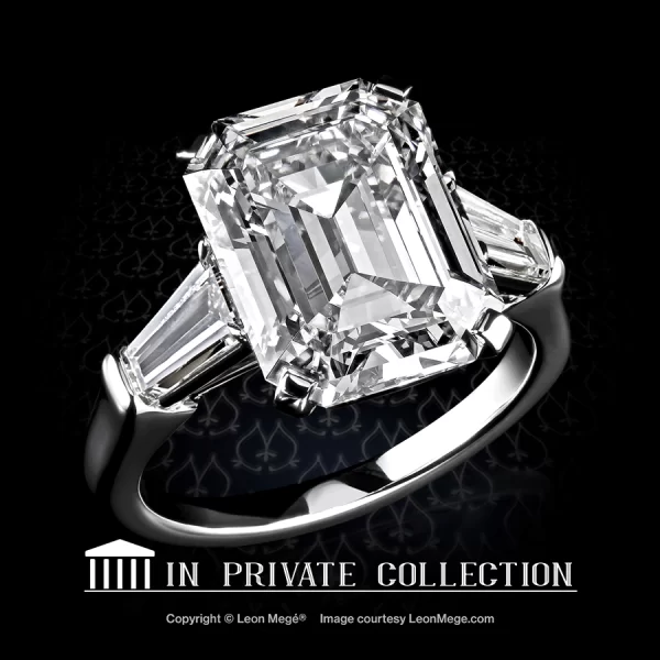Leon Megé Deco-style three-stone ring with an emerald cut diamond in Swiss prongs and tapered baguettes r7642