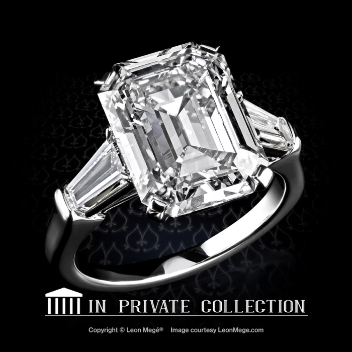 Three stone ring with emerald cut diamond over 5 carat and tapered baguette diamonds by Leon Mege