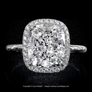 Leon Megé 810™ engagement ring with a cushion diamond in micro pave halo on a plain platinum shank r7431