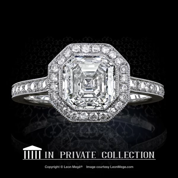 Leon Megé Art Deco-style ring with a bezel-set Asscher cut diamond and bright-cut diamond pave r7432