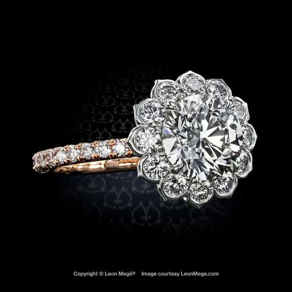 Leon Megé exclusive two-tone Lotus™ halo ring featuring a round diamond on a bed of diamond petals r7437