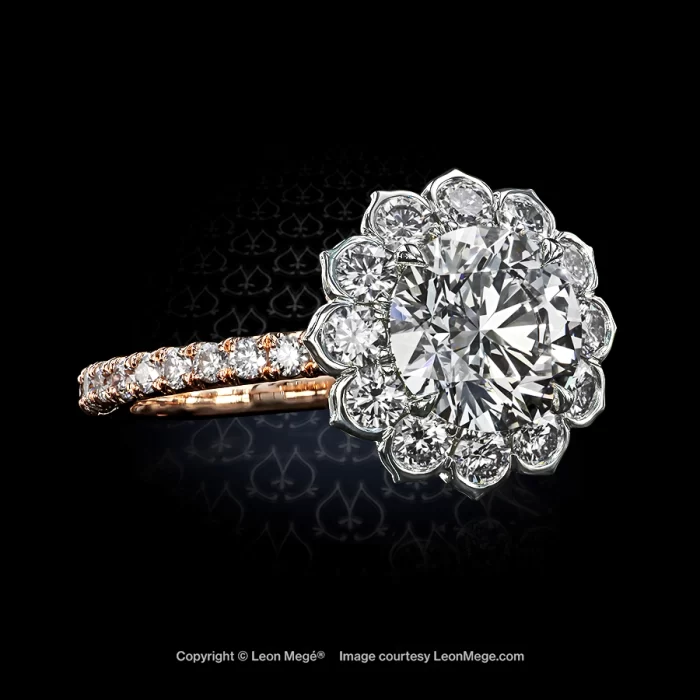 Leon Mege famous Lotus halo engagement ring with 1.53 carat ideal cut diamond in platinum and rose gold