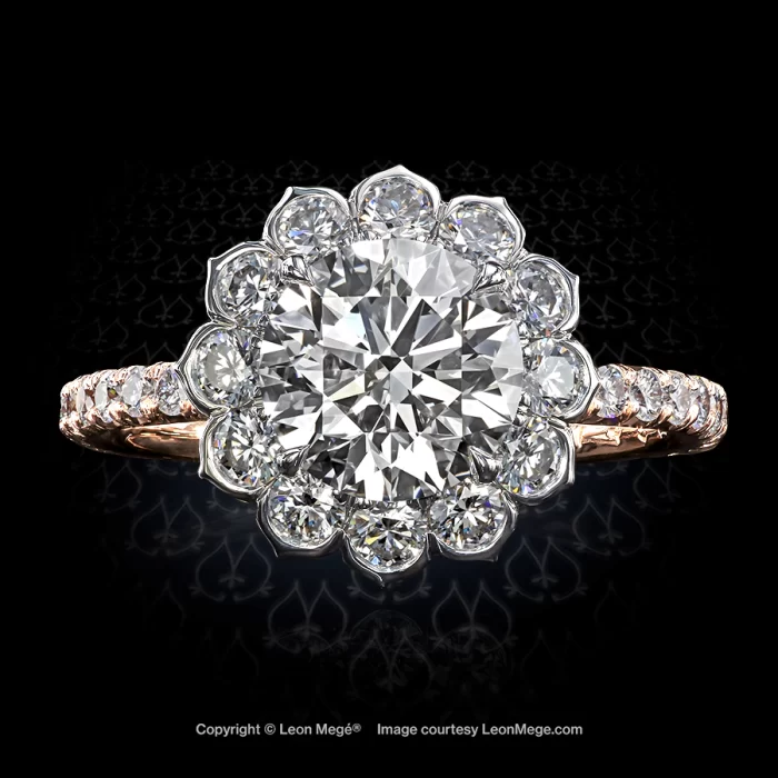 Leon Mege famous Lotus halo engagement ring with 1.53 carat ideal cut diamond in platinum and rose gold