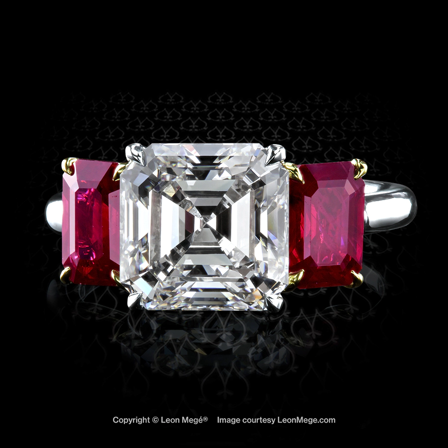 Three stone bespoke engagement ring with Asscher cut diamond and two natural rubies in yellow gold and platinum by Leon Mege