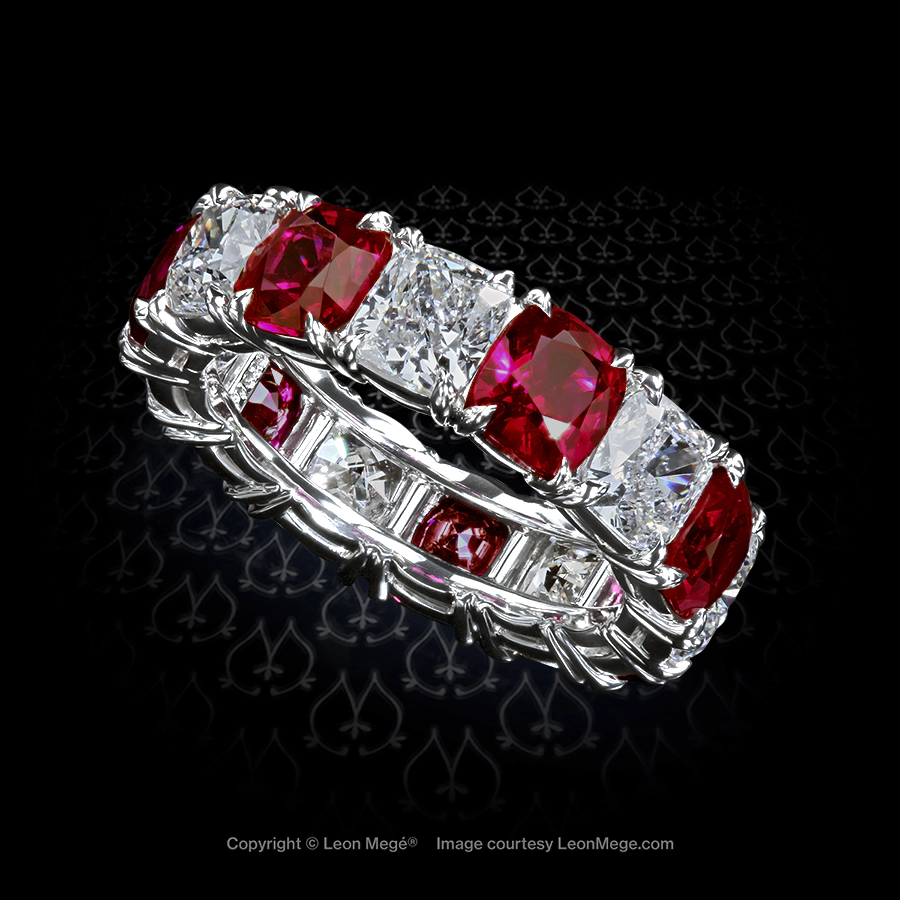 Leon Mege precision-forged alternating eternity band set with natural unheated rubies and white cushion diamonds in platinum r7614
