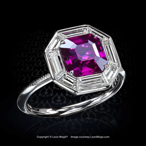 Leon Megé Haute Couture ring with a vivid-pink Asscher-cut sapphire and diamond calibre r7626