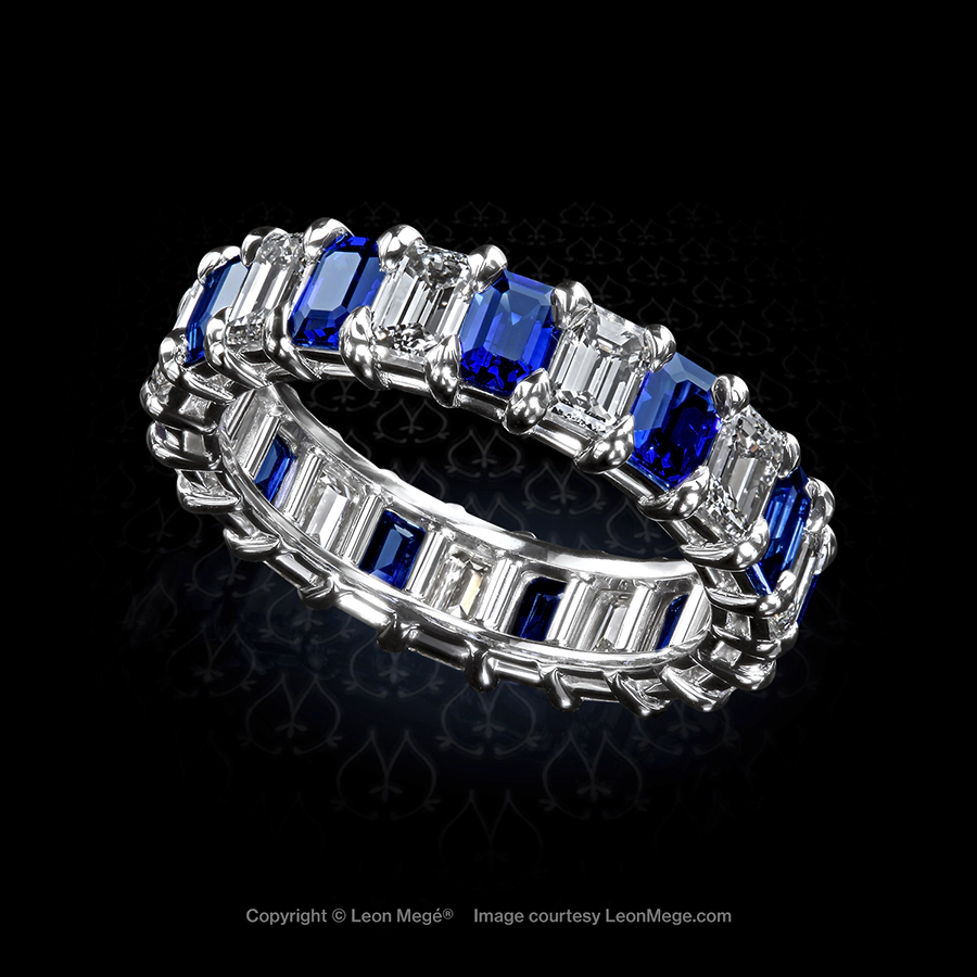 Alternating eternity band with diamonds and unheated blue sapphires by Leon Mege.