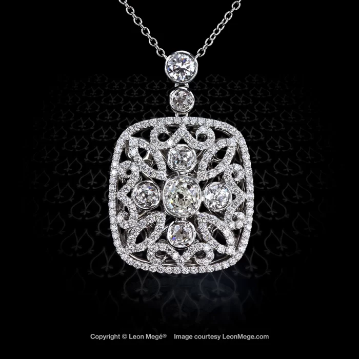 Leon Megé pendant with an intricate micro-pave pattern and bezel-set old miner diamonds p7686