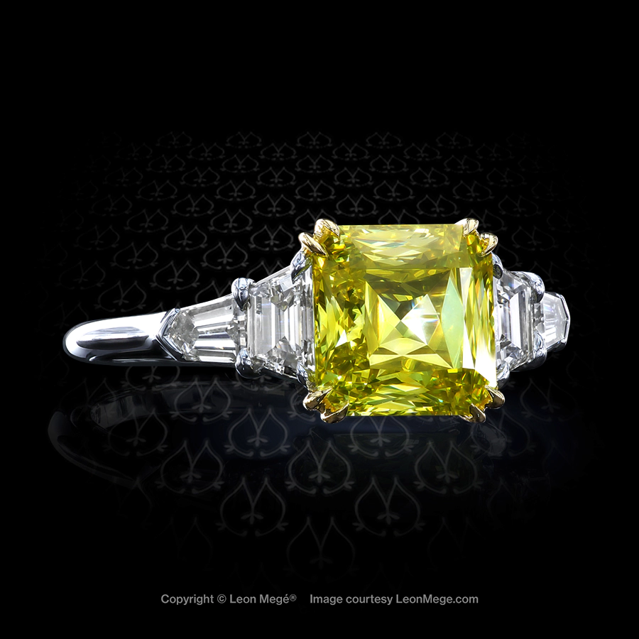 Leon Megé five stone ring with a fancy-yellow radiant diamond and step cut traps and bullets r7429