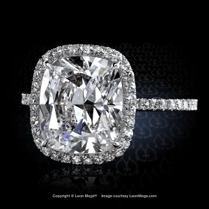 Leon Megé bespoke 811™ engagement ring with a modern cushion diamond surrounded by a micro pave halo in a precision-forged platinum mounting r7688