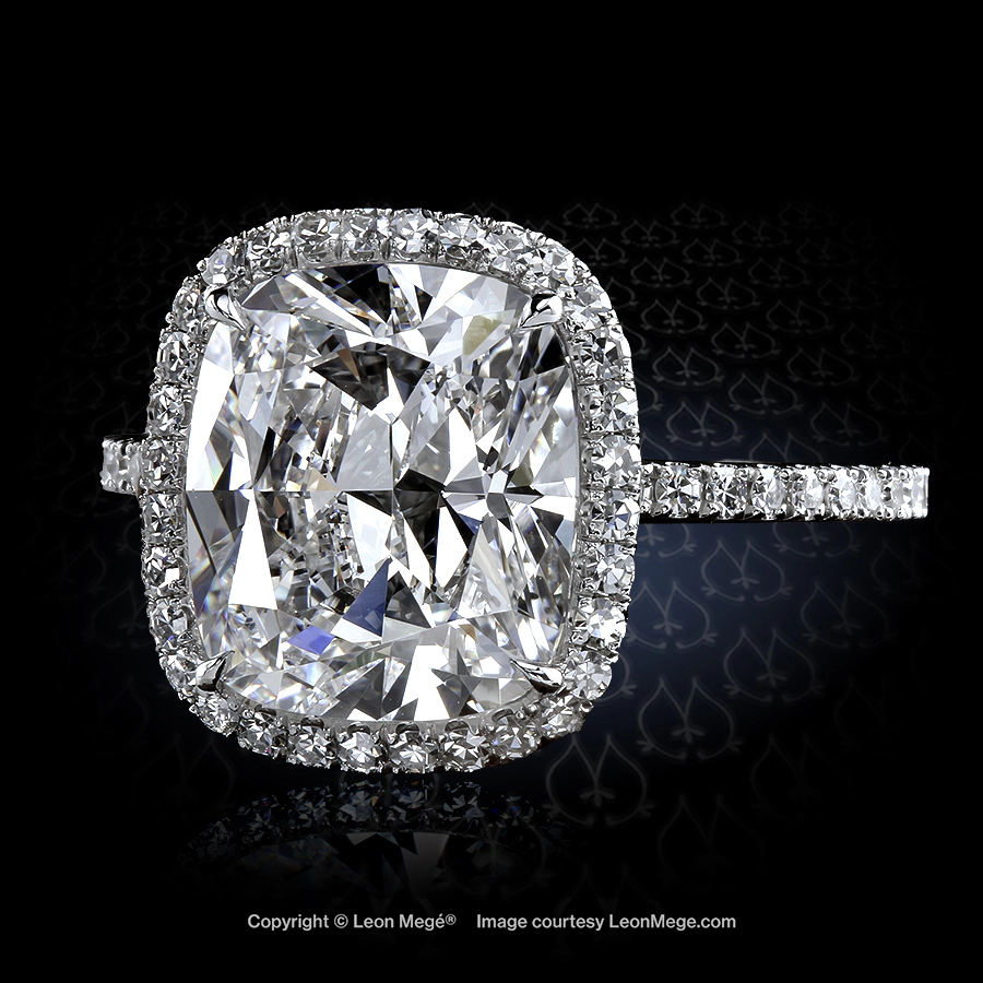Leon Megé bespoke 811™ engagement ring with a modern cushion diamond surrounded by a micro pave halo in a precision-forged platinum mounting r7688