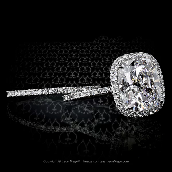 Leon Megé bespoke hand-forged 811™ engagement ring with cushion diamond in micro pave halo r7688