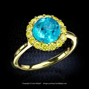 Leon Megé right-hand ring with rare Brazilian Paraiba cab in dazzling intense-blue color in a cluster of intense-yellow natural diamonds in gold r7691