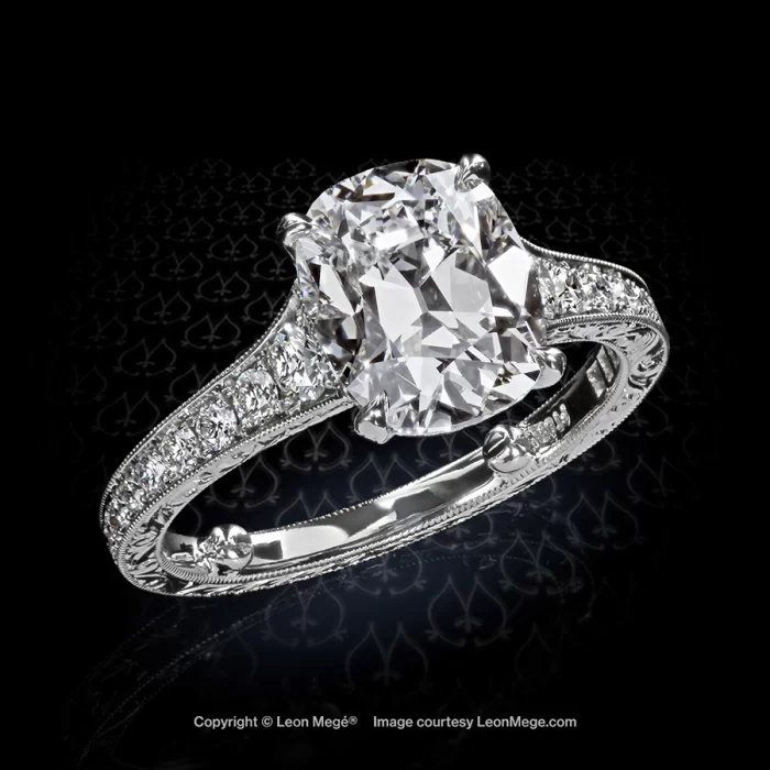 Hand-engraved Leon Megé 311™ engagement ring featuring a True Antique™ cushion diamond r7697