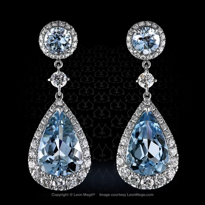 Custom made detachable platinum earrings with aquamarines and diamonds by Leon Mege.