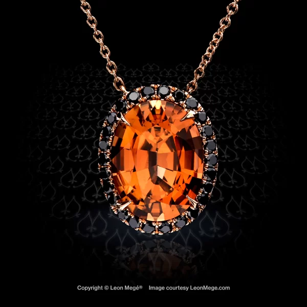 Leon Megé bespoke rose gold pendant with salmon tourmaline in a halo of black diamonds p7695