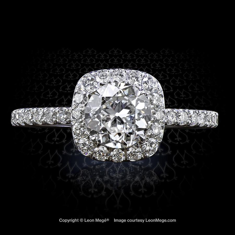 Leon Mege 811™ solitaire with OEC diamond in a cushion-shaped pave halo r6678